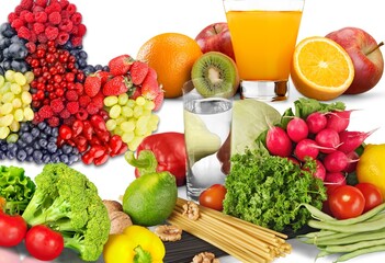 Fresh raw tasty vegetables and fruits background
