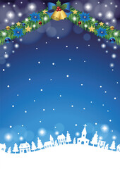 クリスマス背景、町並みシルエット、青、かわいい、イラスト、縦