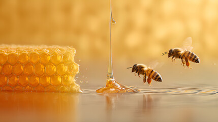Golden honeycomb with bees gathering fresh natural honey as golden syrup drips softly