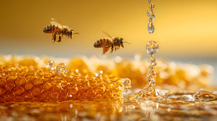 Golden honeycomb with bees gathering fresh natural honey as golden syrup drips softly