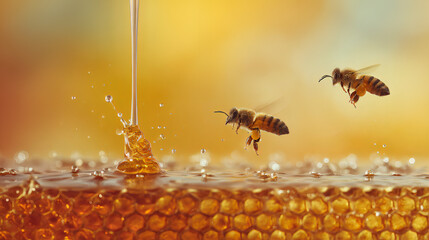 Golden honeycomb with bees gathering fresh natural honey as golden syrup drips softly