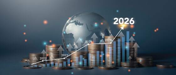 Stacked coins with global map and financial graph growth, global economy, investment trends, and profit increase projection in 2026. New year resolution and Strategy business in 2026
