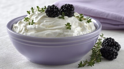 Highangle shot of creamy almond yogurt in a soft lavender bowl garnished with blackberries and fresh thyme, on a textured white background with copy space for branding or text