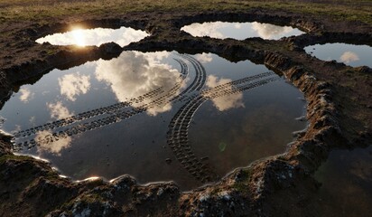 Reflection of clouds in muddy puddles after rain
