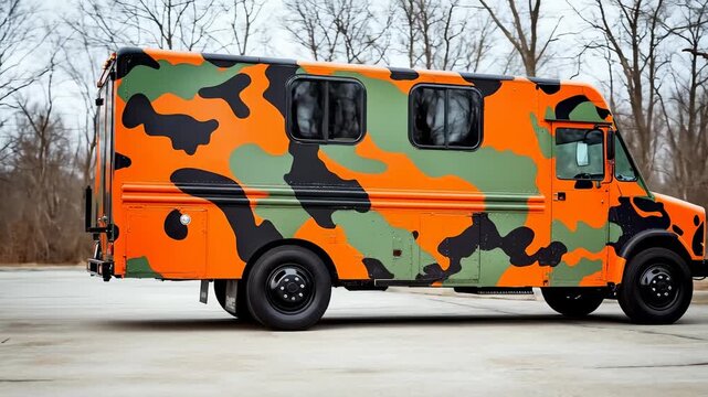 Camouflaged Bus Truck Driving by, Camo, Urban Transport