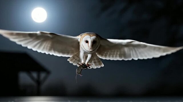 A barn owl flies towards the camera with
