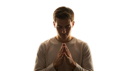 Man in contemplative prayer with glowing light on a clean background