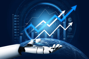 A futuristic robotic hand interacts with data visualization, showcasing growth trends and statistics in a digital landscape, symbolizing the blend of technology and innovation. Scalp
