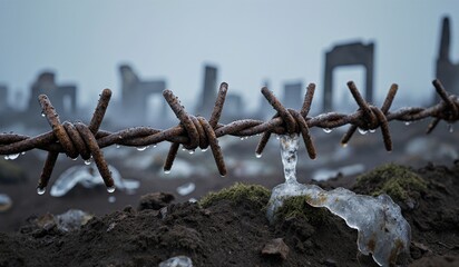 Rusty barbed wire near abandoned ruins in fog