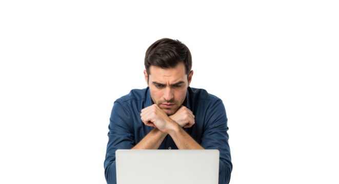 Pensive man working on laptop, deep in thought with crossed arms