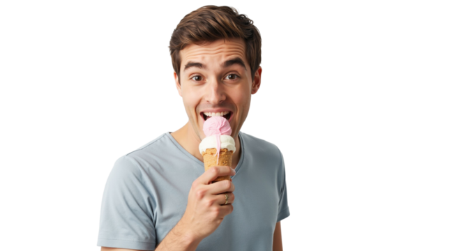 Enthusiastic young man relishing a delightful double scoop ice cream treat