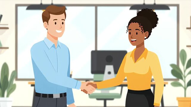 Diverse business professionals shake hands in a modern office symbolizing partnership