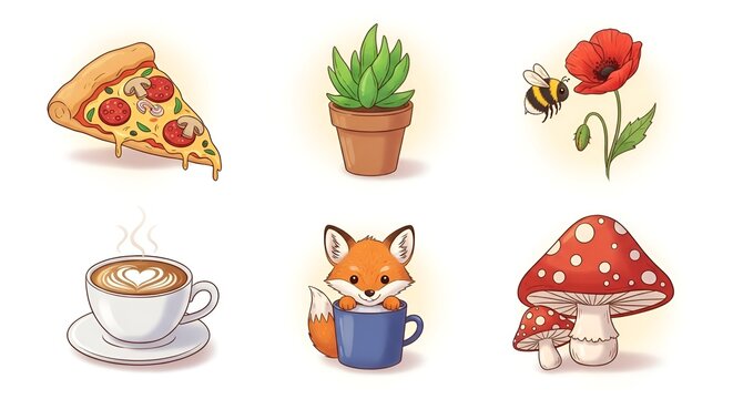 Whimsical Collage of Hand-Drawn Elements: Pizza, Plant, Bee, Coffee, Fox, Mushroom - Powered by Adobe