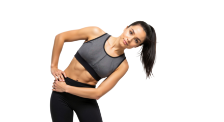 Athletic woman doing side stretch exercise for core muscle building
