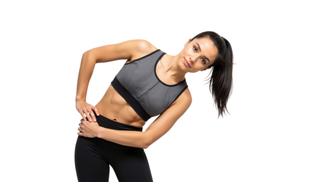 Athletic woman doing side stretch exercise for core muscle building