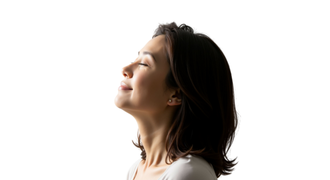 Serene woman breathing deeply, feeling peace and natural beauty
