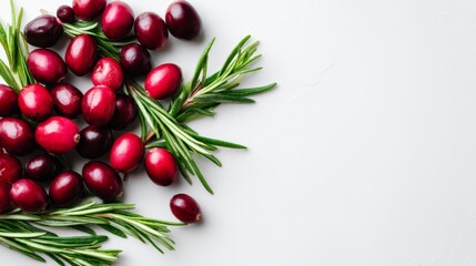 Festive arrangement of vibrant red cranberries and aromatic rosemary sprigs for holiday decor with copy space on white background
