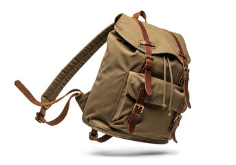 Minimalist Vintage Khaki Canvas and Leather Backpack Floating on White Background