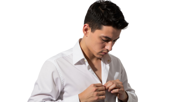 Young man fastens buttons his crisp white shirt, getting ready