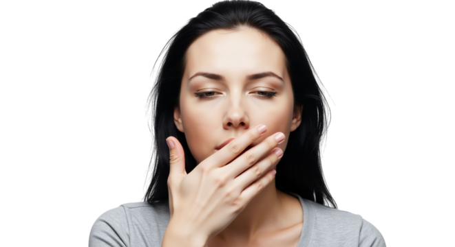 Young woman with her hand over her mouth in thoughtful contemplation - Powered by Adobe