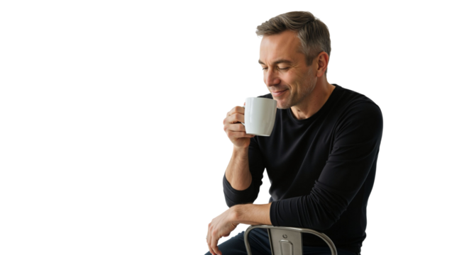 Man enjoying a relaxing moment with a cup of aromatic beverage indoors