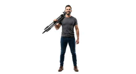 Young man carrying photography tripod, ready for shooting adventure