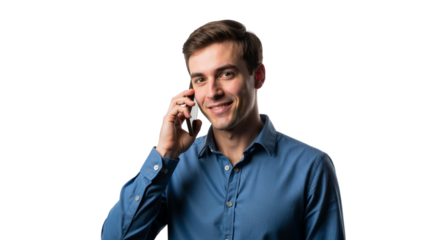 Smiling young man answering a call on his smartphone in studio
