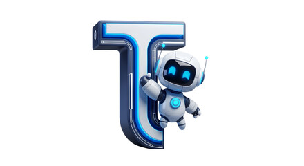 Futuristic robot beside letter T � digital design art