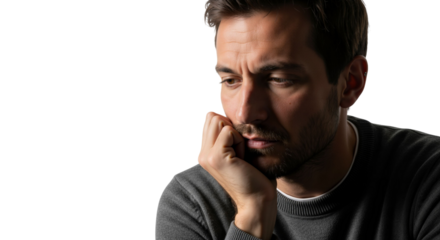 Pensive man expressing worry with contemplative expression, against white