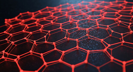 Abstract nanomaterial hexagonal lattice structure glowing red with connections