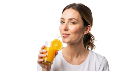 Portrait of a radiant woman enjoying fresh orange juice on white backdrop