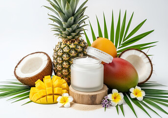 Tropical skincare concept with fresh mango, pineapple, coconut, and cream