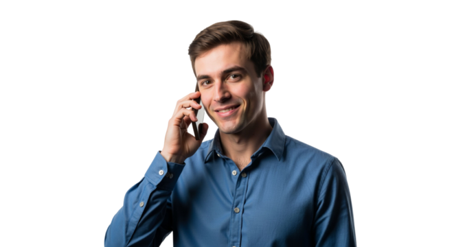 Smiling young man answering a call on his smartphone in studio