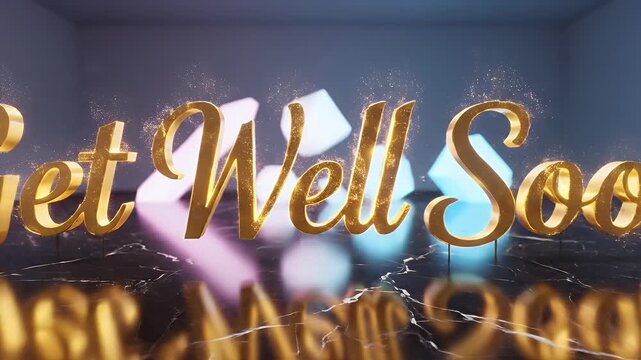 A golden, sparkling "Get Well Soon" in elegant cursive script. Marble floor and cube shapes