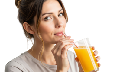 Cheerful woman enjoying refreshing orange juice on bright white background