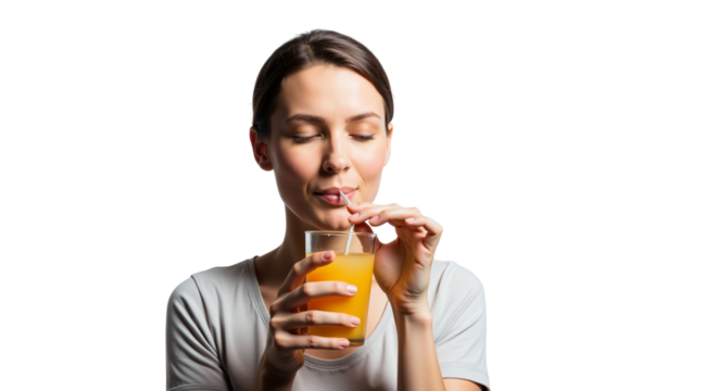 Woman enjoying refreshing orange juice with straw on white background