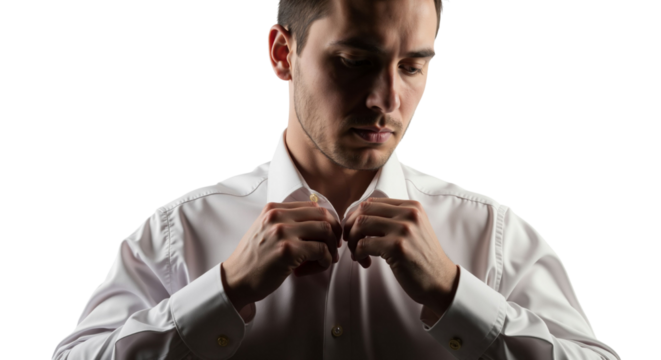 Contemplative man fastening his crisp white shirt against bright background