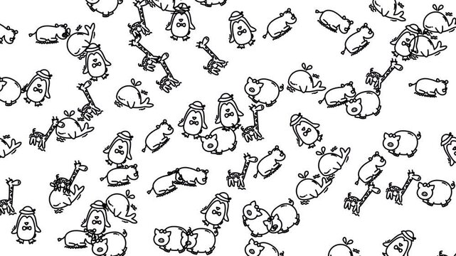 Animal Doodle Pattern Giraffe Penguin Hippo Pig Seal Cartoon Fun Black and White