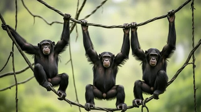Three black monkeys hanging from tree branches in