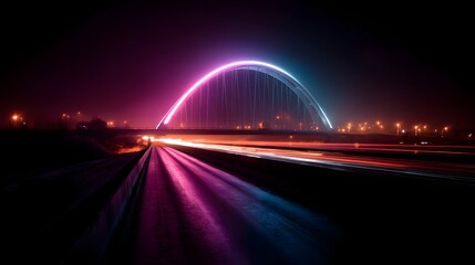 A modern bridge glows with vibrant pink and blue neon lights over a highway at night with streaks of car lights creating motion blur
