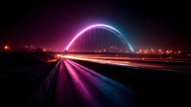 A modern bridge glows with vibrant pink and blue neon lights over a highway at night with streaks of car lights creating motion blur - Powered by Adobe