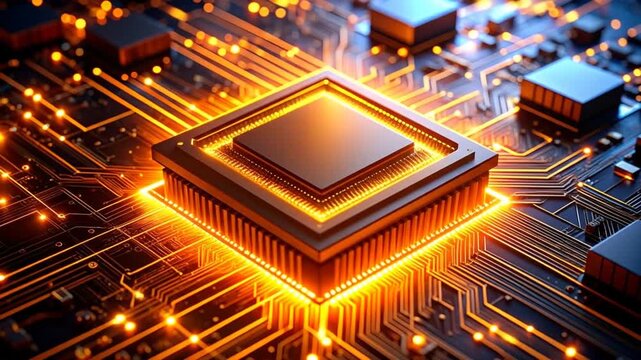 Close Up of a Glowing Computer Processor Chip on Circuit Board.