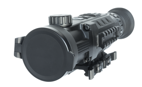 Night vision rifle scope seen at an angle from the front with cover closed