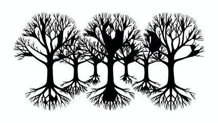 Obraz premium A dense forest silhouette with interconnected trees and intricate root systems, , creating a sense of depth and mystery ideal for naturethemed designs or representing interconnectedness and resilience