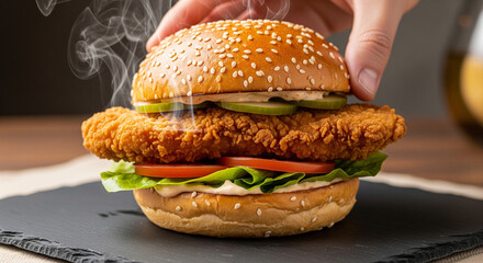 Hand Plating Steaming Hot Crispy Chicken Sandwich with Pickles on Black Slate