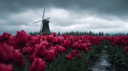 A field of vibrant red tulips stretches towards a traditional windmill under a dramatic cloudy sky