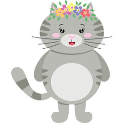 Cute Grey Cat Wearing Colorful Flower Crown With Green Leaves On Transparent Background Adorable Pet Portrait Full Body Studio Shot White Background Soft Lighting
