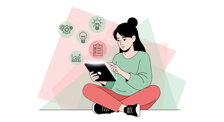 Digital Explorer Engaged With Her Tablet, Brainstorming Creative Strategies and Solutions.