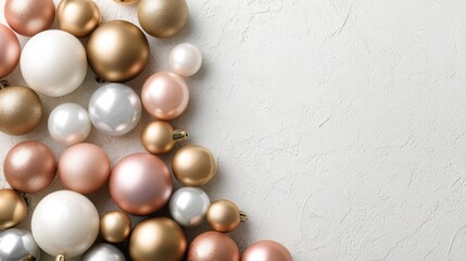 Elegant cluster of bronze, pearl, and metallic holiday baubles with soft glow on white textured surface, lowangle shot showcasing festive decor and copy space for seasonal design