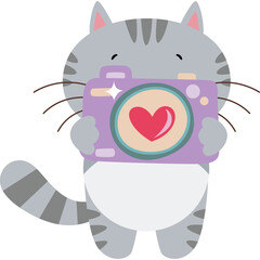 Cute Grey Tabby Cat Character Holding a Purple Camera with Heart Symbol and Transparent Background